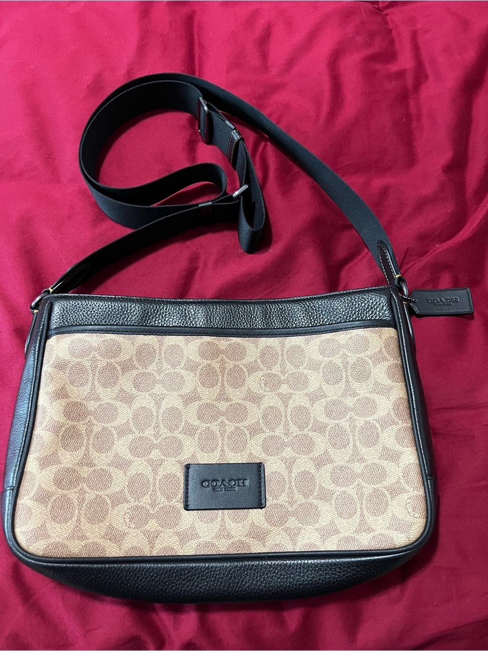 Coach Tan Signature Crossbody Bag with Black canvas strap